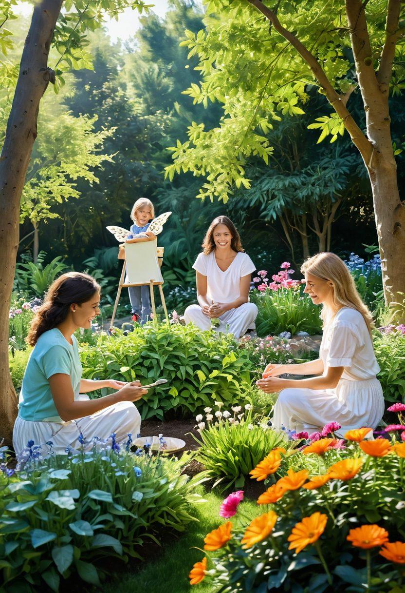 A serene garden scene filled with blooming flowers and lush greenery symbolizing personal growth and happiness. In the foreground, a diverse group of people of various ages actively engaged in joyful activities like planting, painting, and laughing together. Soft sunlight filters through the trees, creating a warm and inviting atmosphere. Delicate butterflies flutter about, adding to the feeling of tranquility and joy. Painting. vibrant colors. natural light.