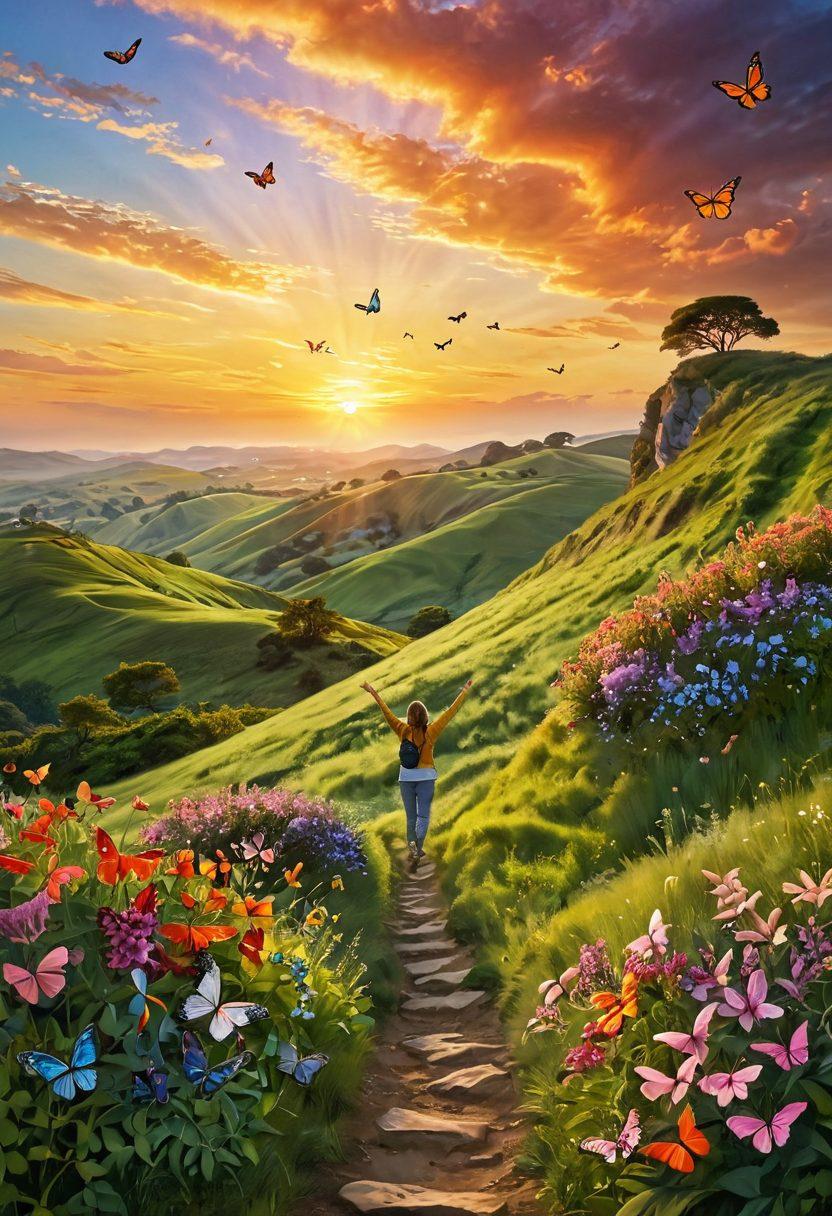 A serene landscape featuring a person standing atop a lush green hill, arms open wide, embracing the warmth of a sunrise. Soft, colorful butterflies uplift the scene, symbolizing joy and personal growth. In the foreground, gentle flowers bloom to represent satisfaction, while a winding path leads to a distant horizon, enhancing the journey theme. ethereal, vibrant colors, super-realistic, bright sunlight.