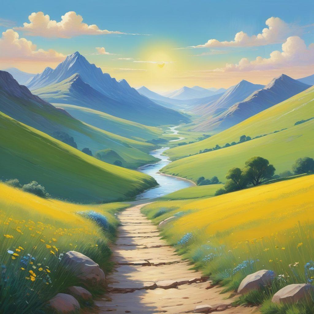 A serene landscape illustrating a journey from a vibrant, sunny hill representing 'Elation' to a tranquil, peaceful valley symbolizing 'Contentment'. Along the path are subtle icons of emotions, like a heart and a smiley face, illustrating various feelings. The sky transitions from bright yellow to soft blue, showcasing the emotional transition. Gentle, flowing water could be seen in the valley, inviting a sense of calm. painterly style. warm and cool color harmony.